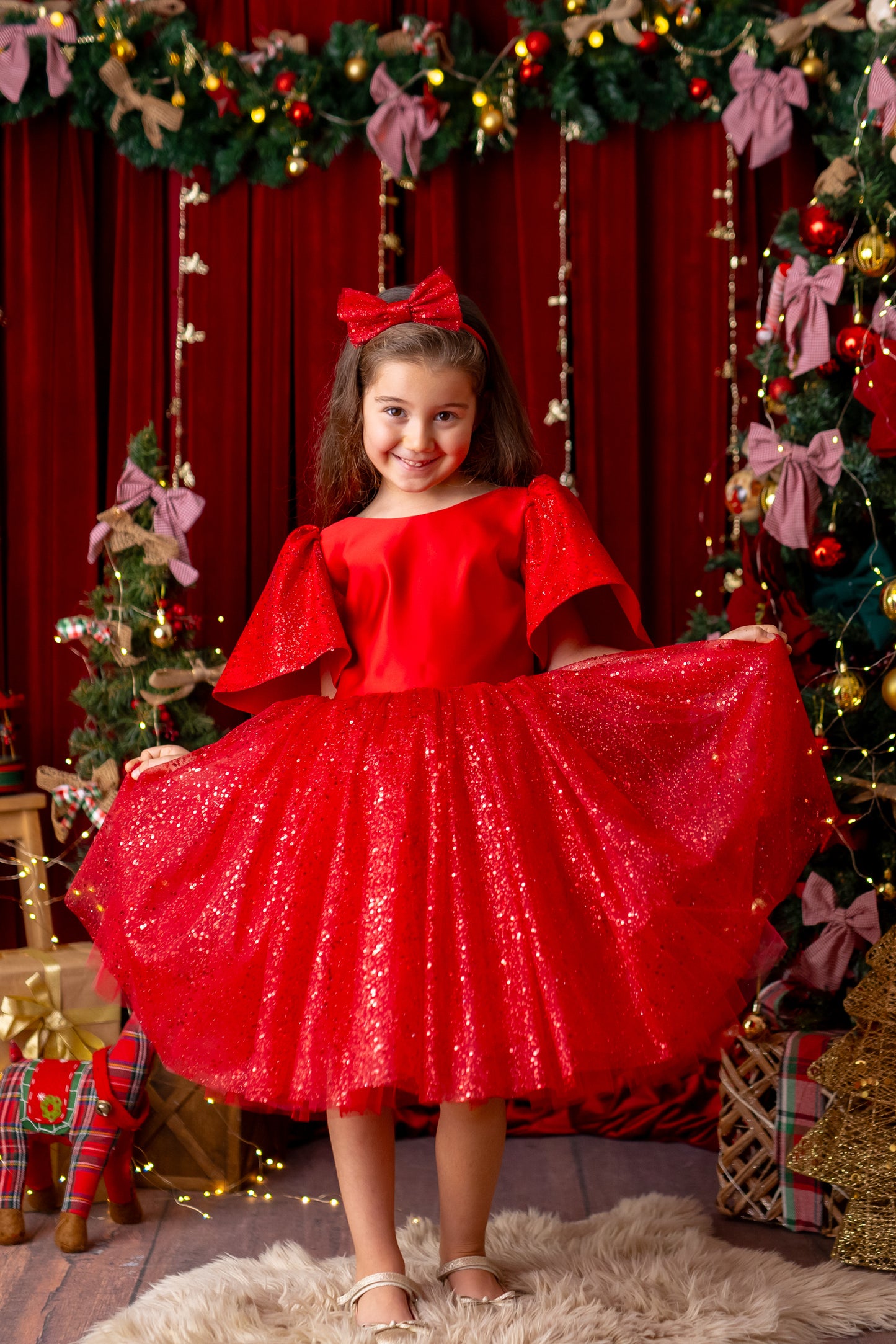 Red Satin Flower Girl Dress, Sparkly Christmas Holiday Dress