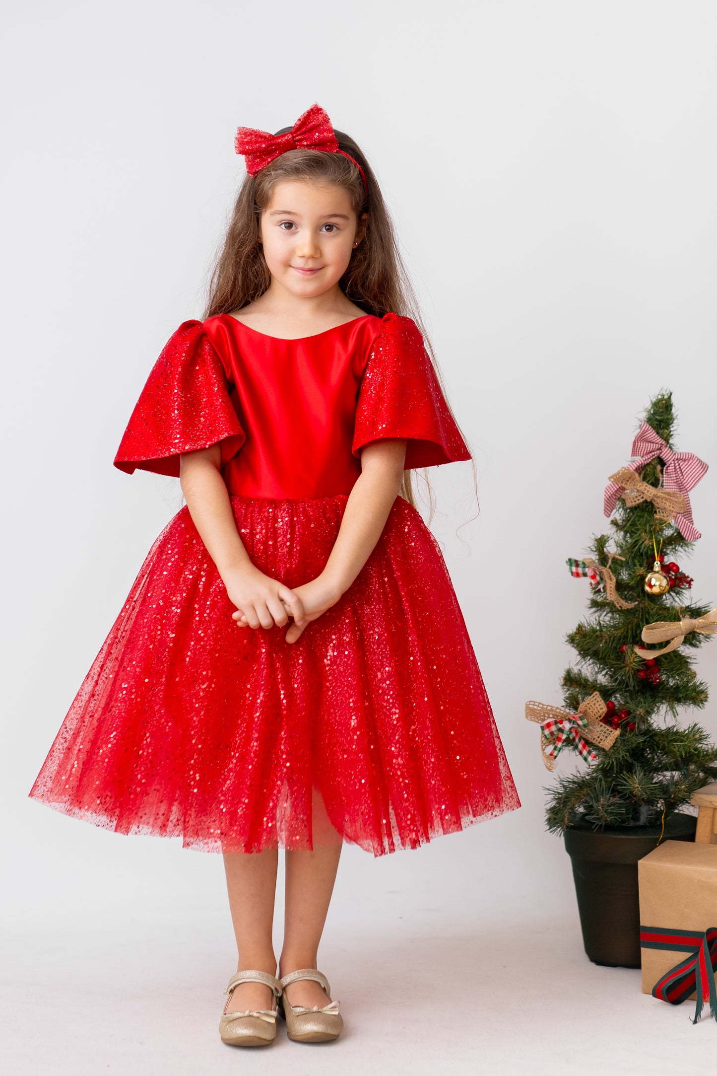 Red Satin Flower Girl Dress, Sparkly Christmas Holiday Dress