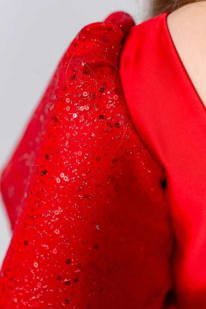 Red Satin Flower Girl Dress, Sparkly Christmas Holiday Dress