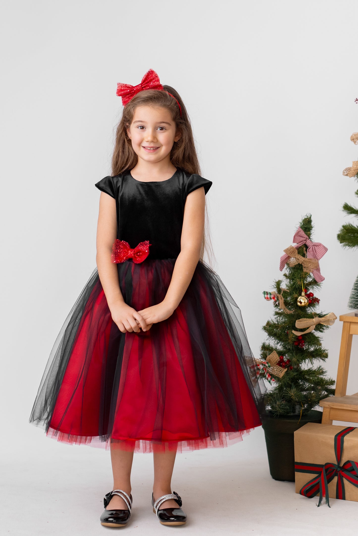 Red and Black Sparkly Christmas Holiday Dress, Velvet Flower Girl Dress
