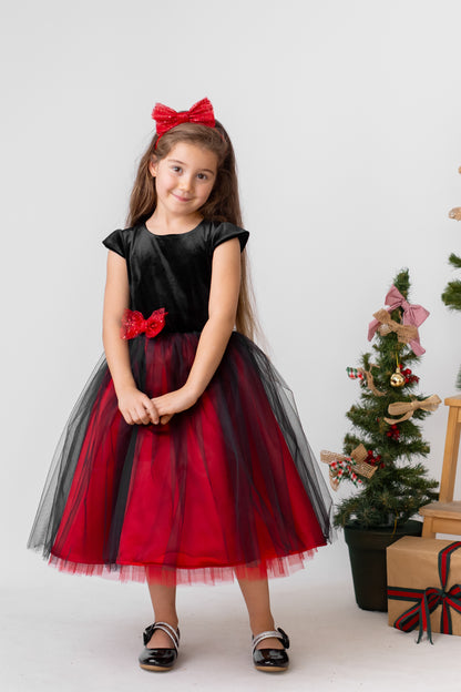 Red and Black Sparkly Christmas Holiday Dress, Velvet Flower Girl Dress