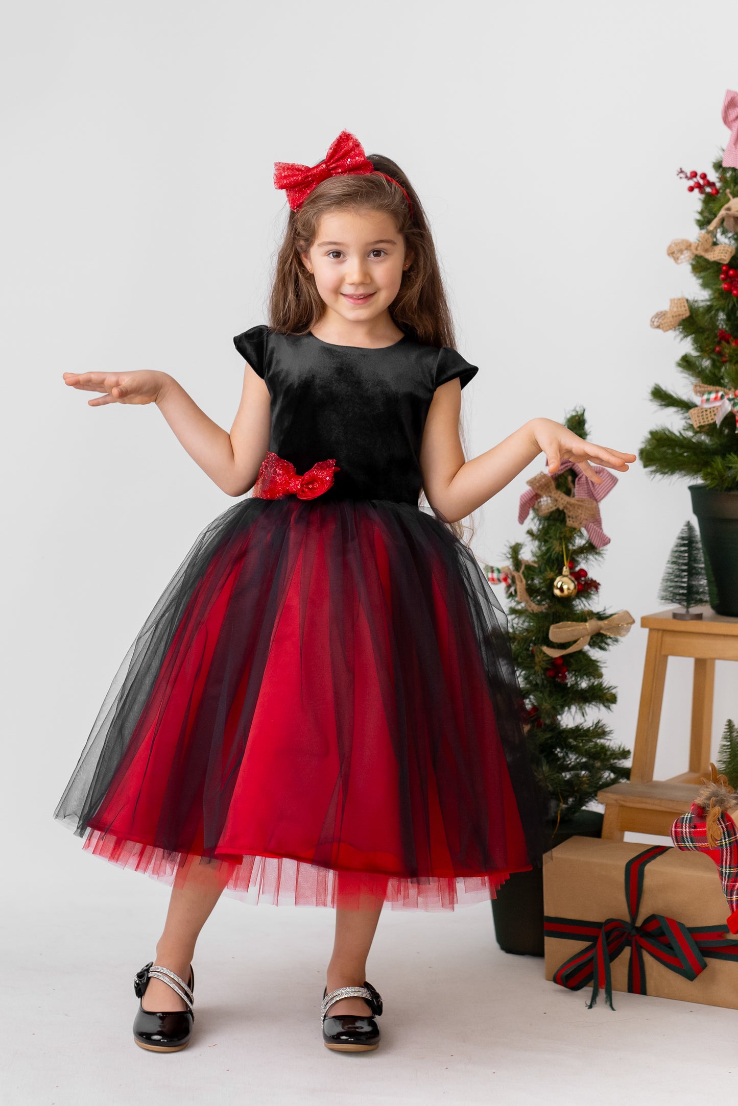 Red and Black Sparkly Christmas Holiday Dress, Velvet Flower Girl Dress