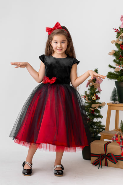 Red and Black Sparkly Christmas Holiday Dress, Velvet Flower Girl Dress