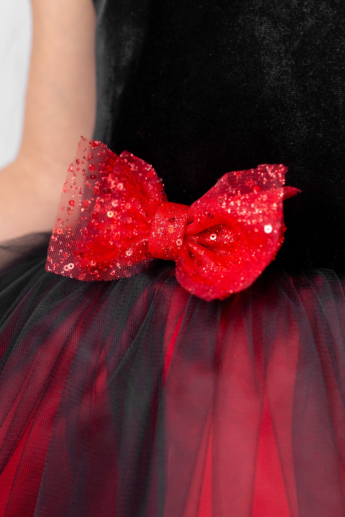 Red and Black Sparkly Christmas Holiday Dress, Velvet Flower Girl Dress
