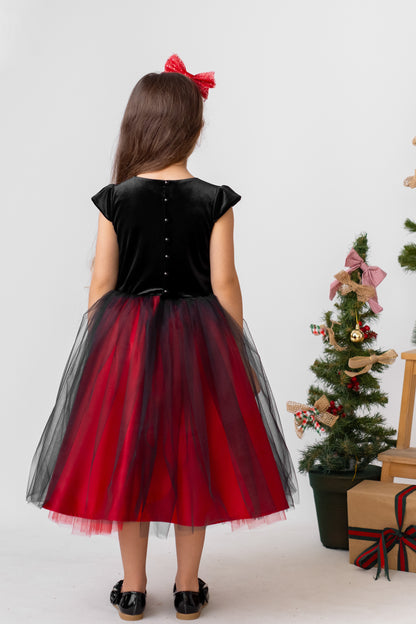 Red and Black Sparkly Christmas Holiday Dress, Velvet Flower Girl Dress