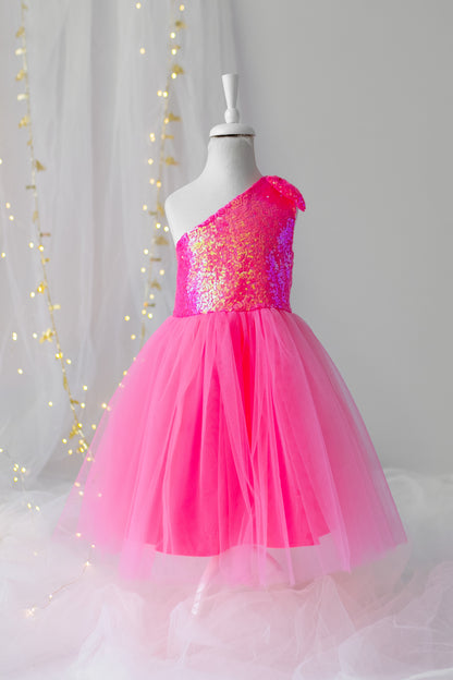Pink Sequin Tulle Dress: One-Shoulder