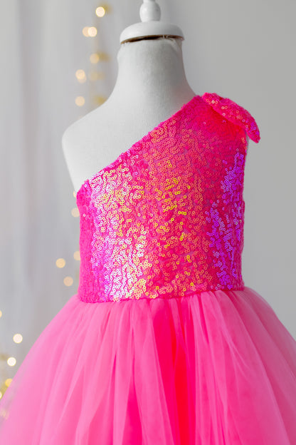 Pink Sequin Tulle Dress: One-Shoulder