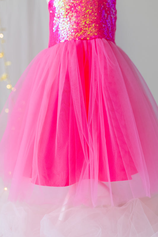 Pink Sequin Tulle Dress: One-Shoulder