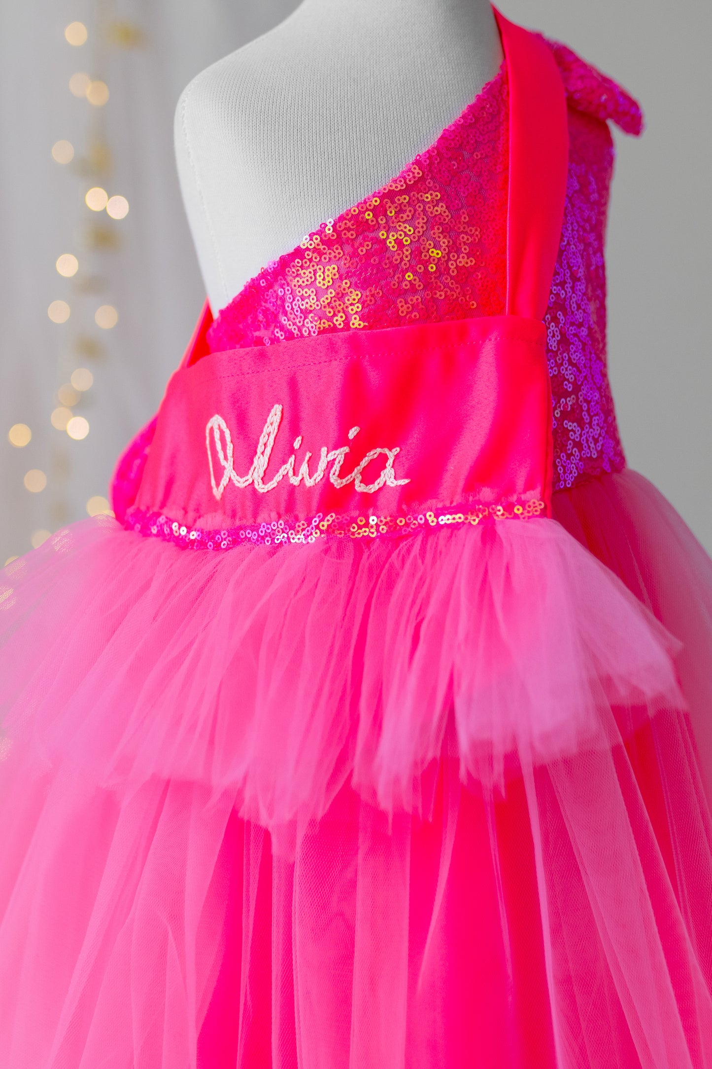 Pink Sequin Tulle Dress: One-Shoulder