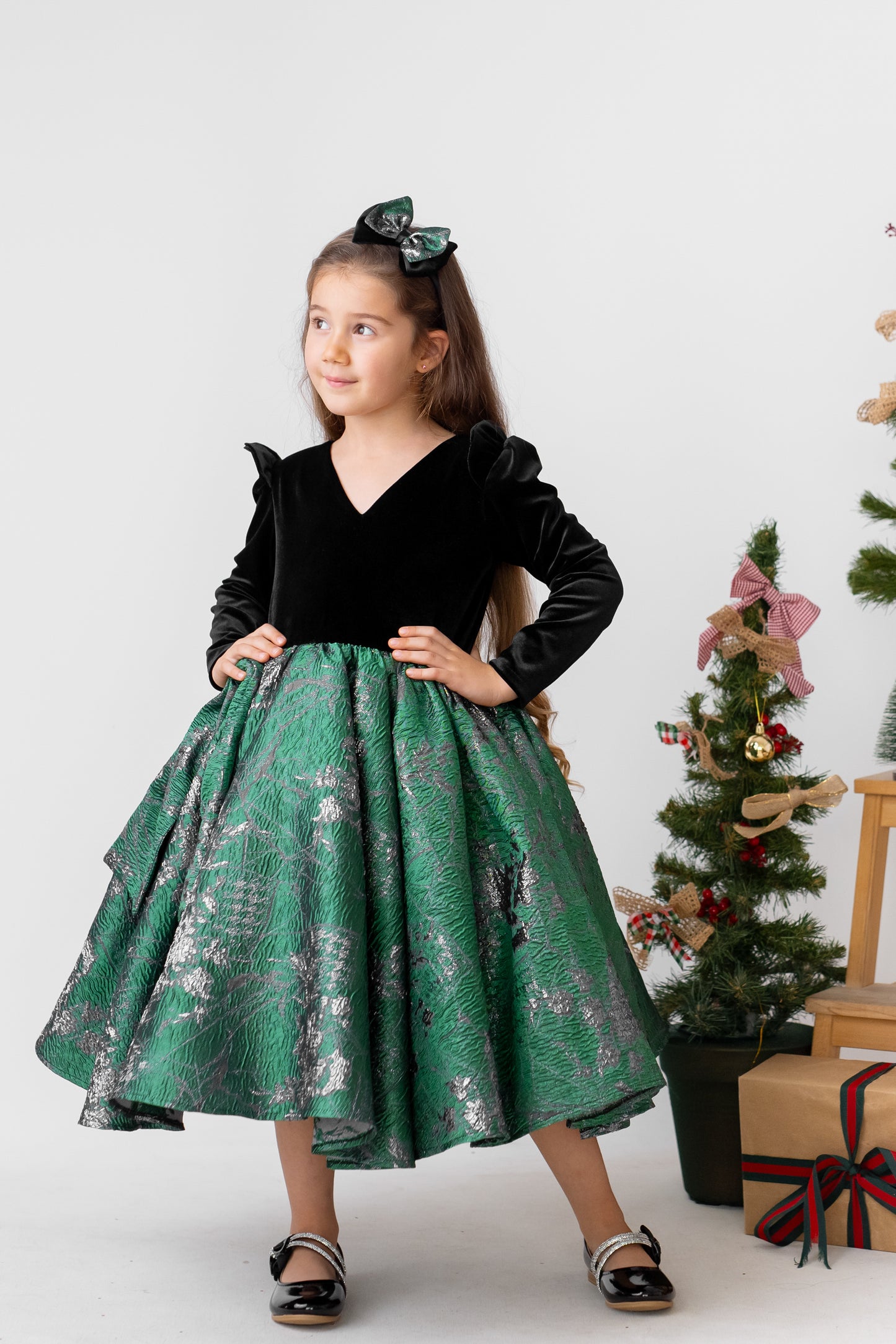 Emerald Green Christmas Dress, Velvet Brocade Flower Girl Dress