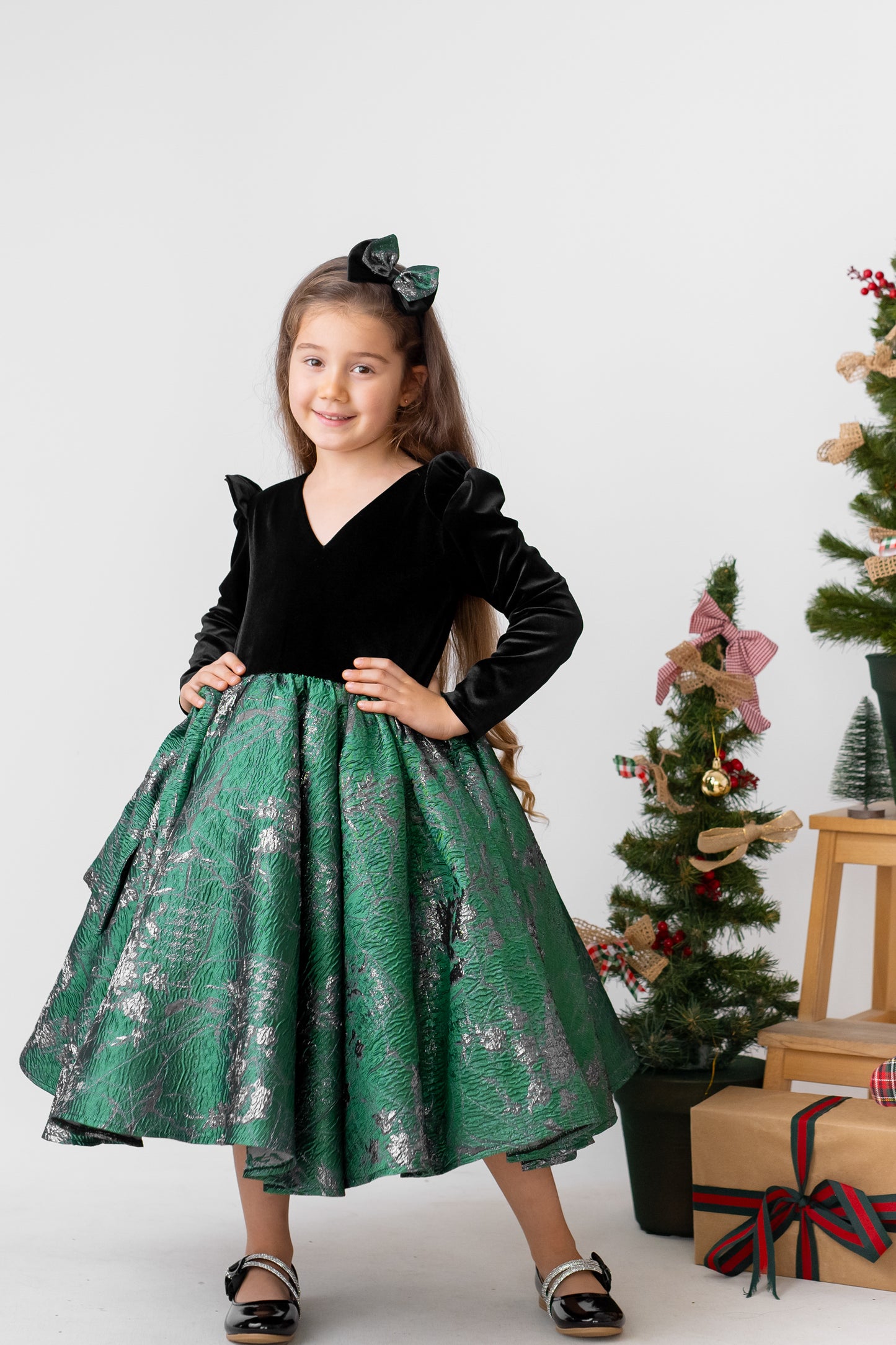 Emerald Green Christmas Dress, Velvet Brocade Flower Girl Dress