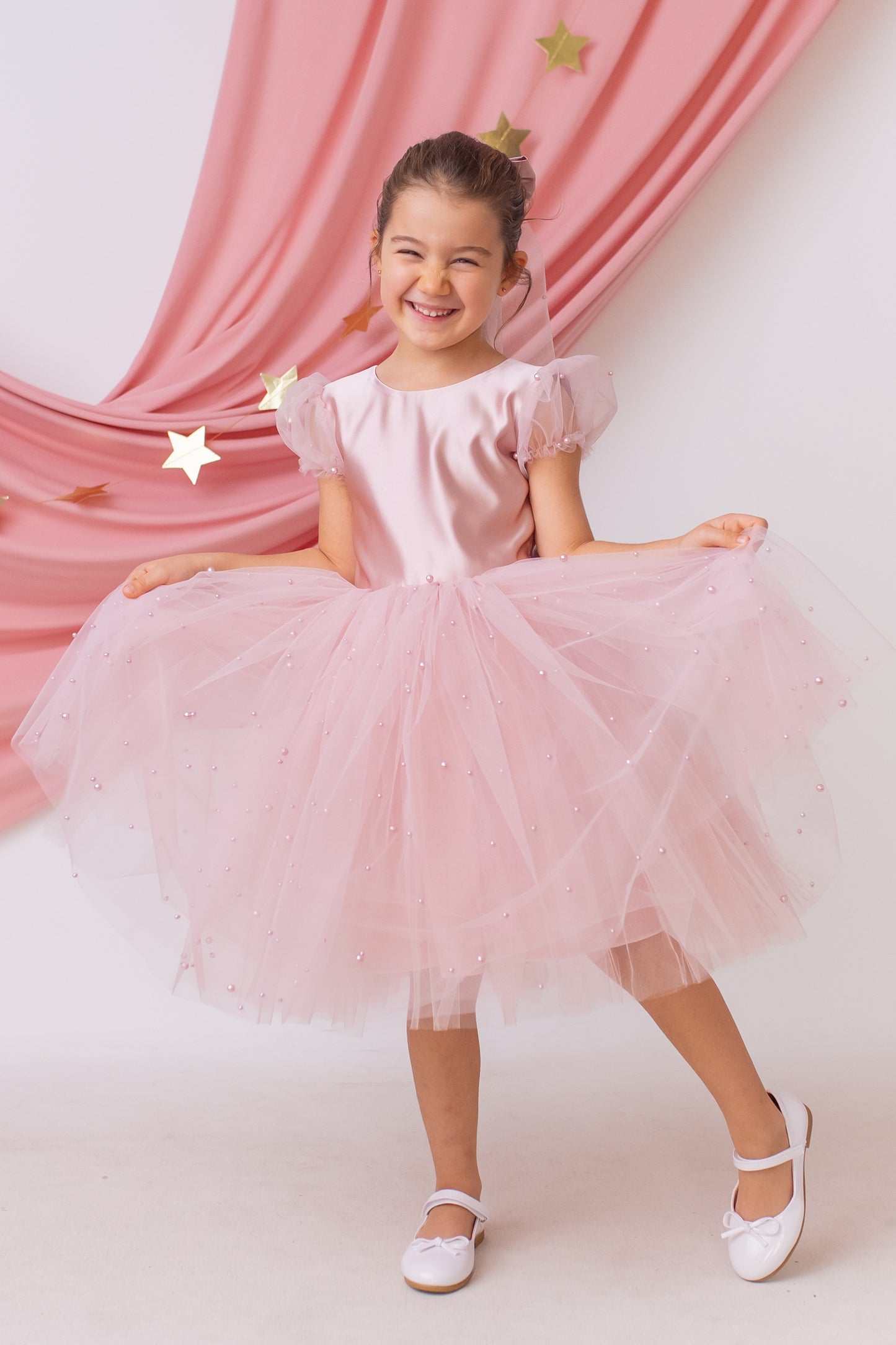 Blush Pink Pearl Short Sleeve Tulle Flower Girl Wedding Dress: Satin Bodice, Bow Accent
