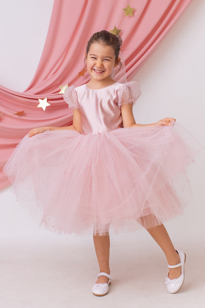 Blush Pink Pearl Short Sleeve Tulle Flower Girl Wedding Dress: Satin Bodice, Bow Accent