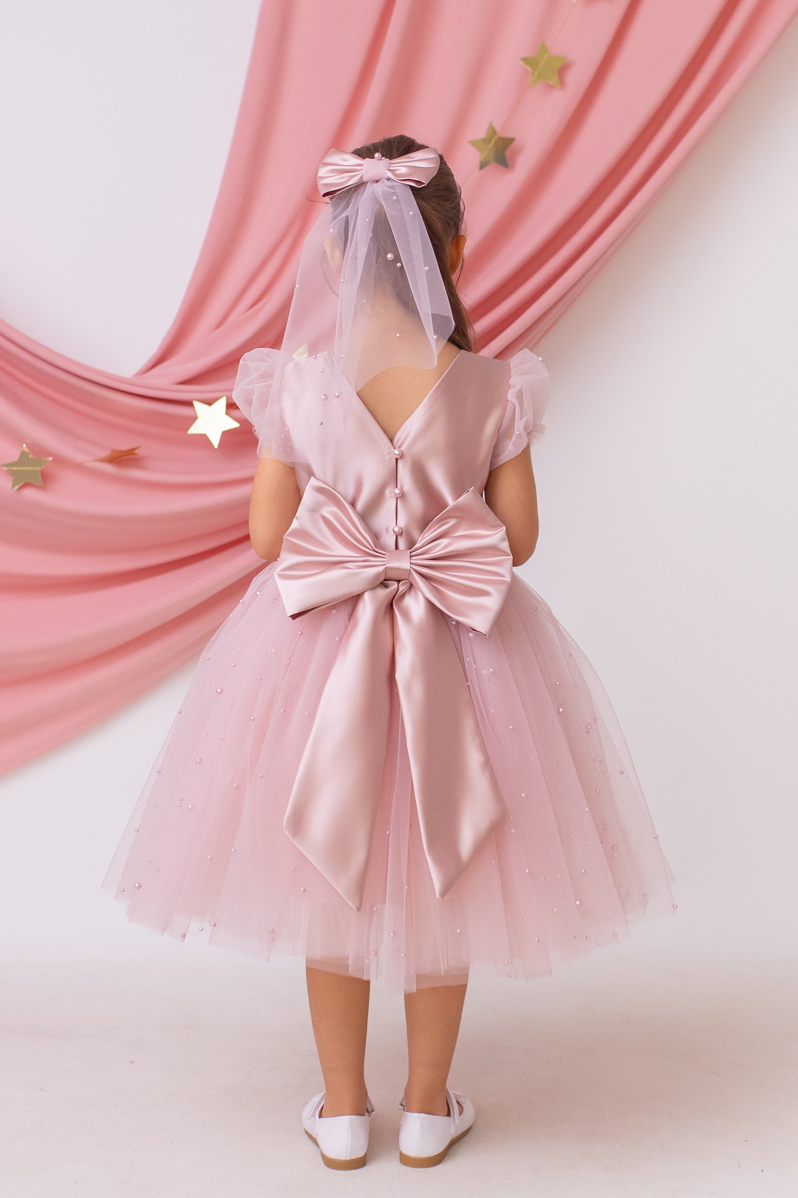 Blush Pink Pearl Short Sleeve Tulle Flower Girl Wedding Dress: Satin Bodice, Bow Accent 9 - 10 US kids' numeric / Dress&Bow&Bag&Cape