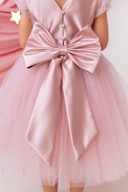 Blush Pink Pearl Short Sleeve Tulle Flower Girl Wedding Dress: Satin Bodice, Bow Accent