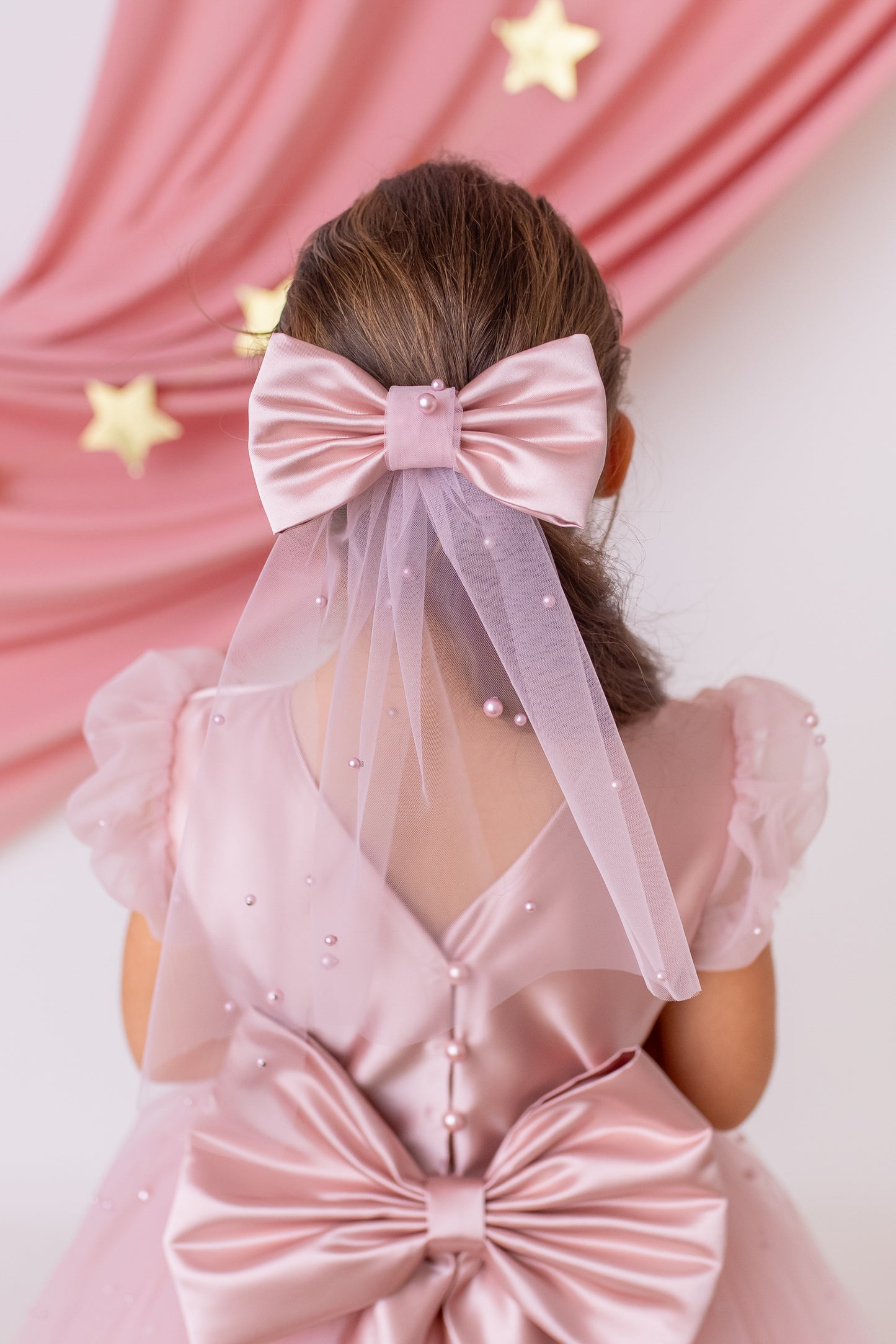 Blush Pink Pearl Short Sleeve Tulle Flower Girl Wedding Dress: Satin Bodice, Bow Accent