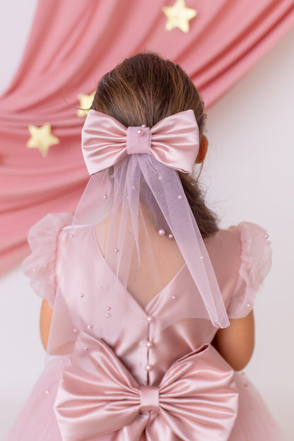 Blush Pink Pearl Short Sleeve Tulle Flower Girl Wedding Dress: Satin Bodice, Bow Accent