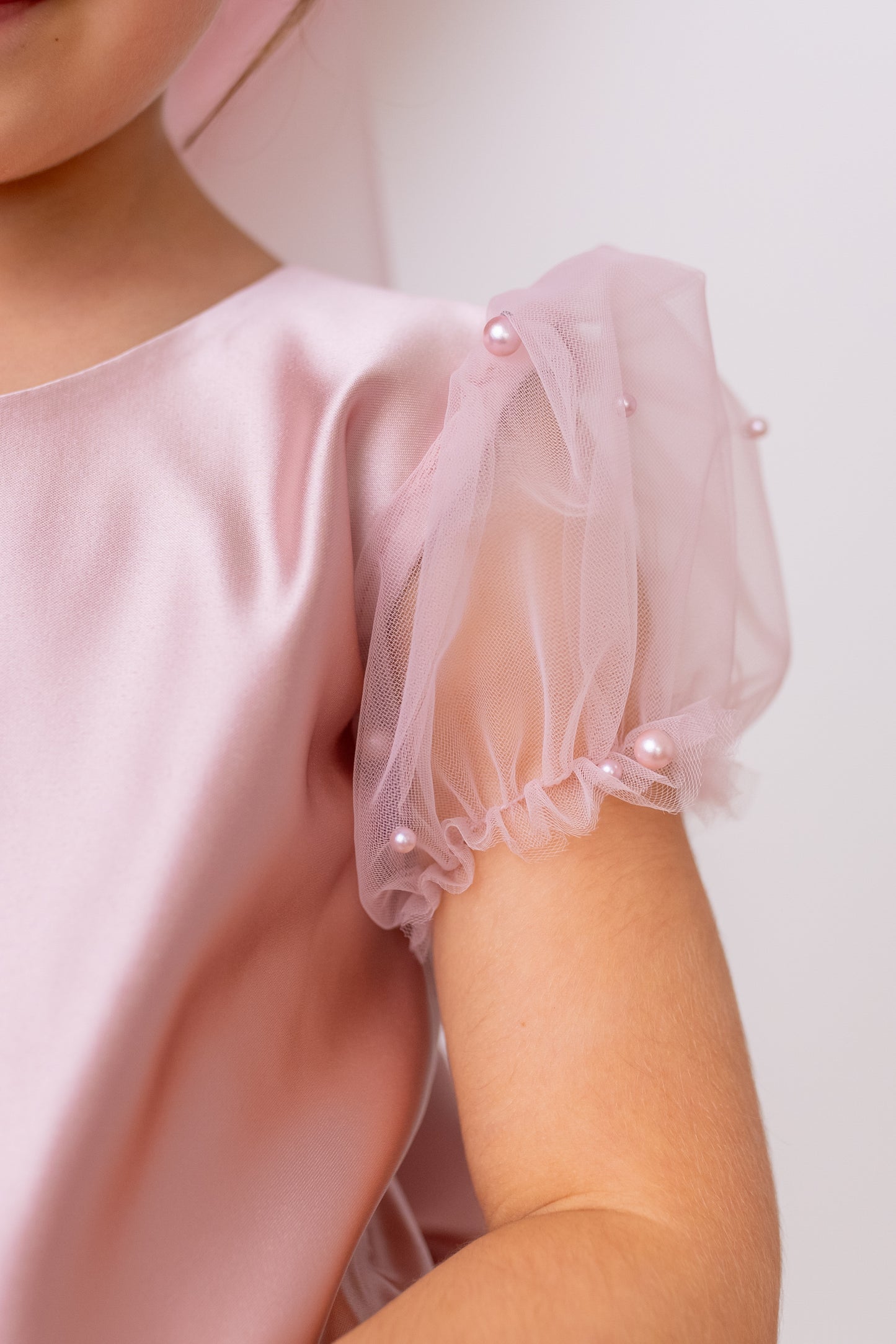 Blush Pink Pearl Short Sleeve Tulle Flower Girl Wedding Dress: Satin Bodice, Bow Accent