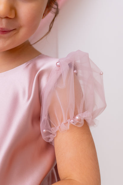 Blush Pink Pearl Short Sleeve Tulle Flower Girl Wedding Dress: Satin Bodice, Bow Accent