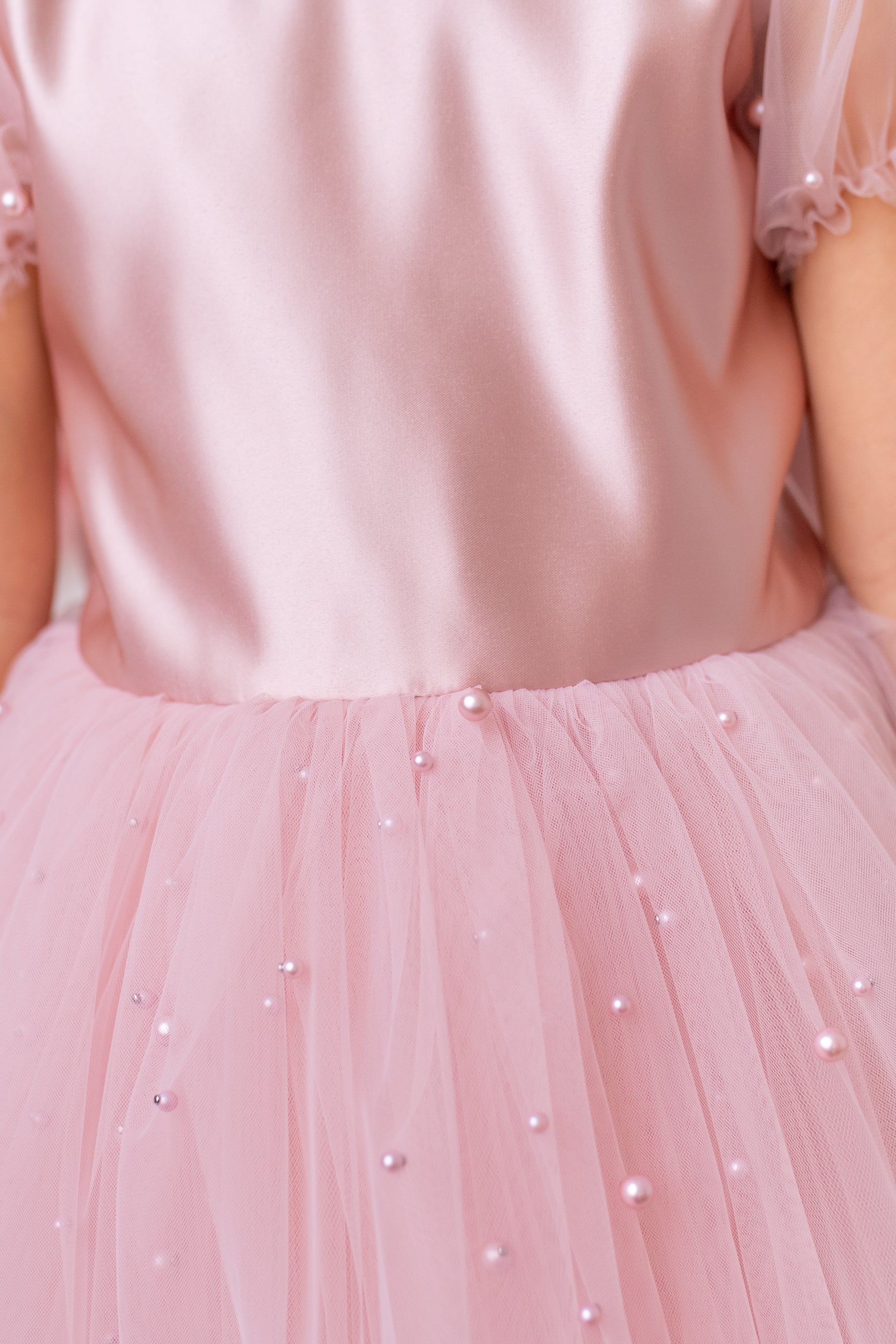 Blush Pink Pearl Short Sleeve Tulle Flower Girl Wedding Dress: Satin Bodice, Bow Accent 9 - 10 US kids' numeric / Dress&Bow&Bag&Cape