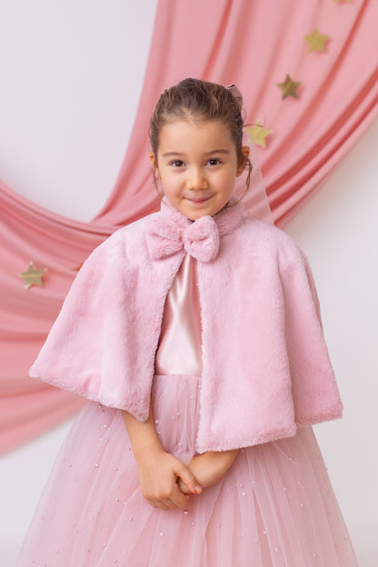 Blush Pink Pearl Short Sleeve Tulle Flower Girl Wedding Dress: Satin Bodice, Bow Accent