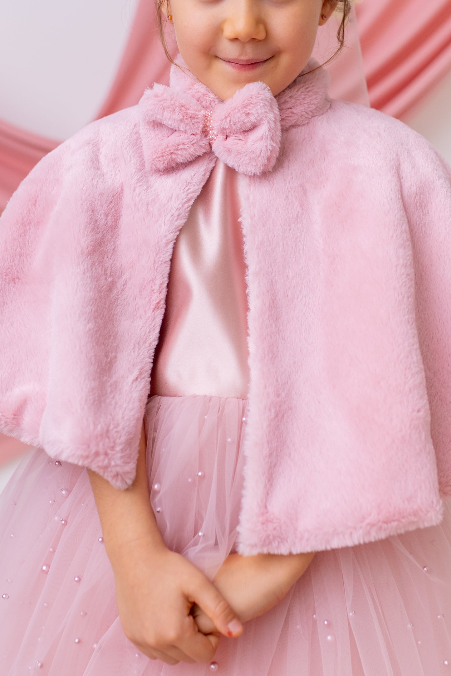 Blush Pink Pearl Short Sleeve Tulle Flower Girl Wedding Dress: Satin Bodice, Bow Accent