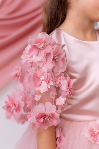Elegant Blush Satin Flower Girl Dress with Flower Crown - Personalized Wedding Gown for Girls