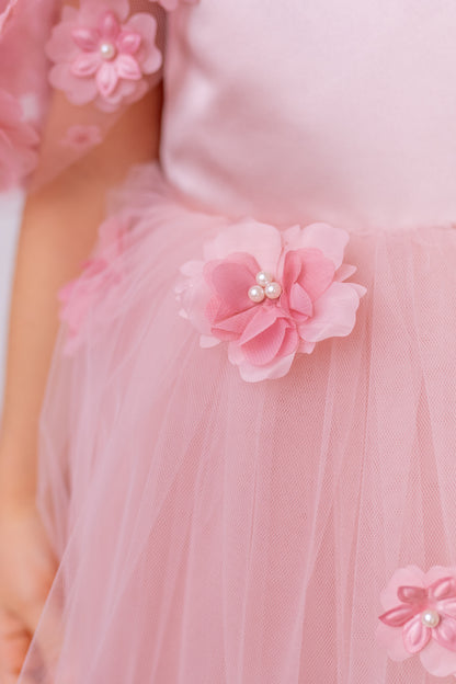 Elegant Blush Satin Flower Girl Dress with Flower Crown - Personalized Wedding Gown for Girls
