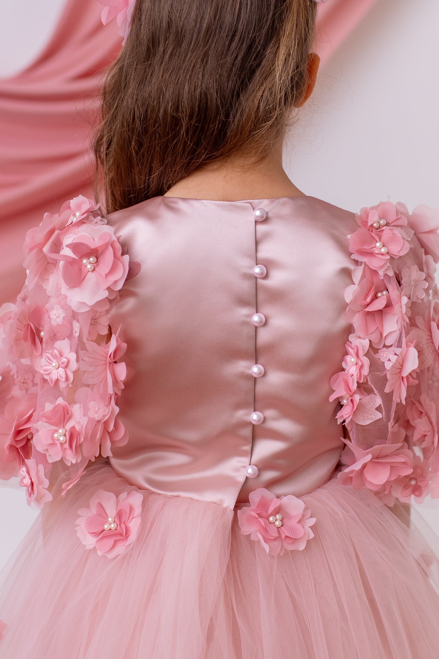 Elegant Blush Satin Flower Girl Dress with Flower Crown - Personalized Wedding Gown for Girls