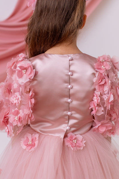 Elegant Blush Satin Flower Girl Dress with Flower Crown - Personalized Wedding Gown for Girls