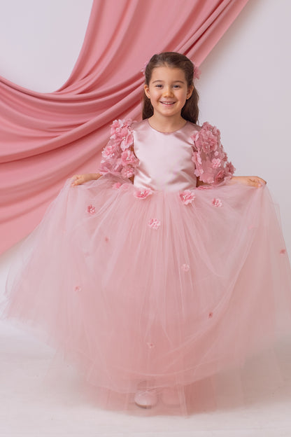 Elegant Blush Satin Flower Girl Dress with Flower Crown - Personalized Wedding Gown for Girls