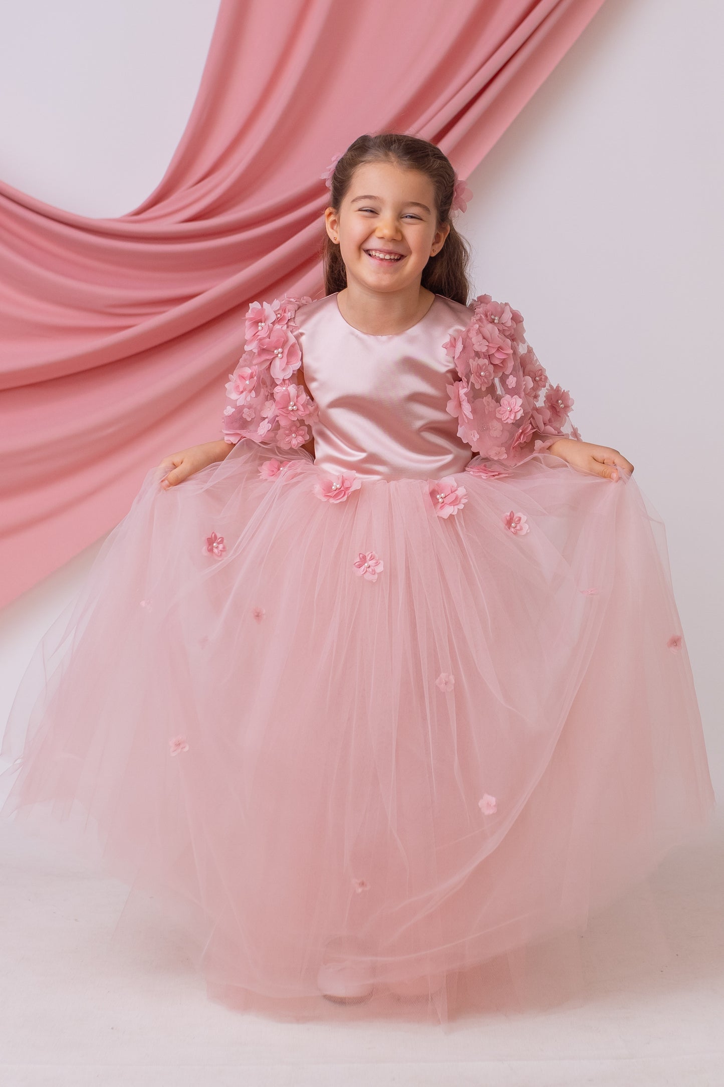Elegant Blush Satin Flower Girl Dress with Flower Crown - Personalized Wedding Gown for Girls