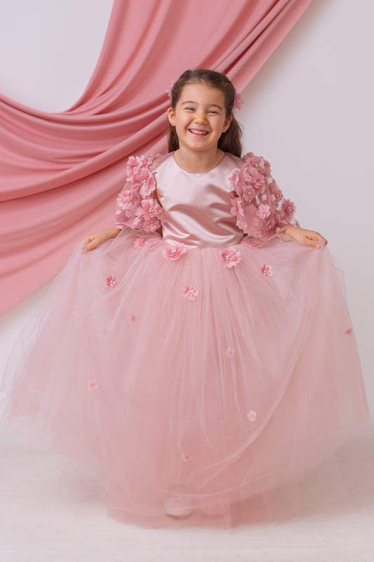 Elegant Blush Satin Flower Girl Dress with Flower Crown - Personalized Wedding Gown for Girls