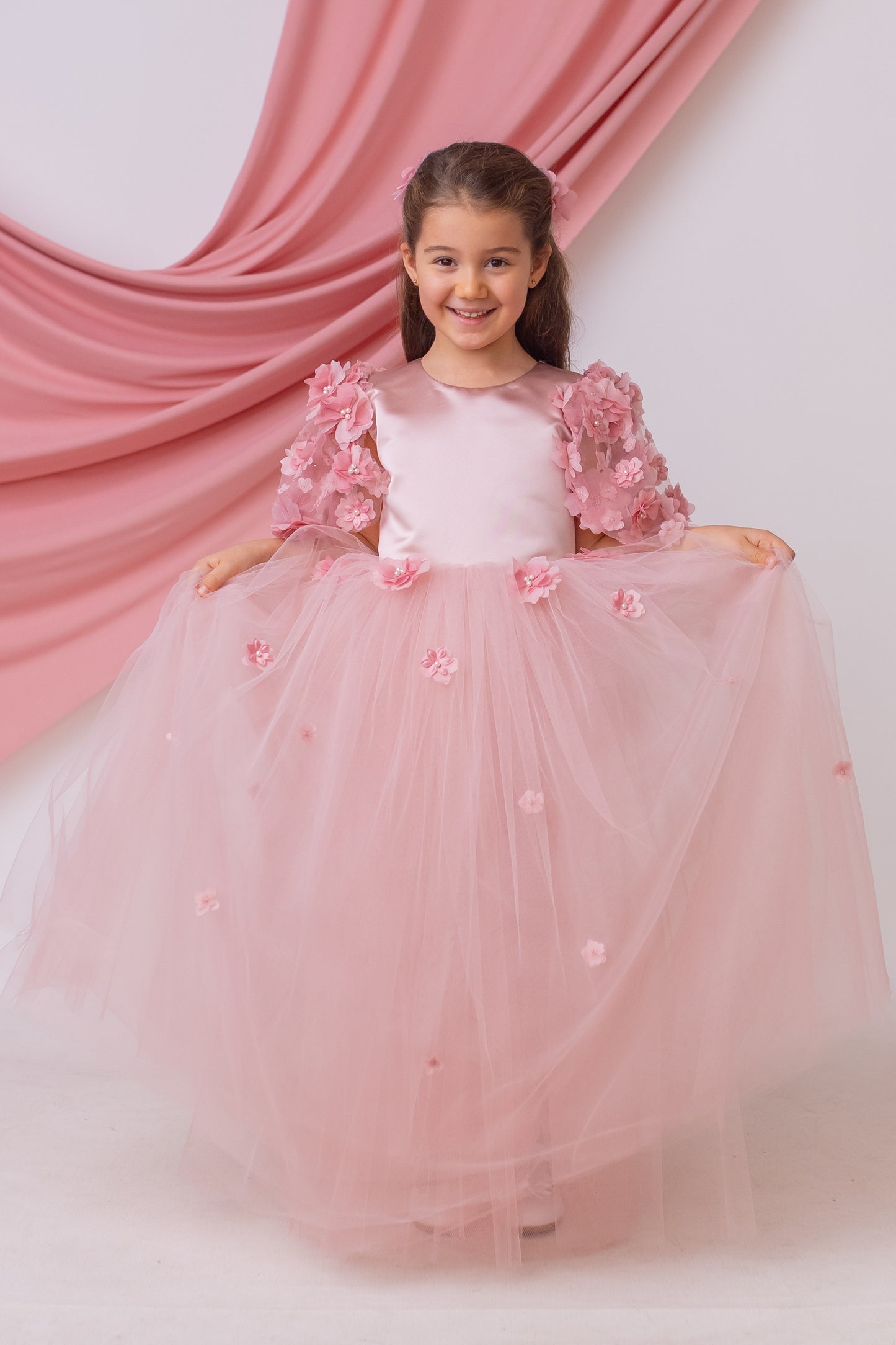 Elegant Blush Satin Flower Girl Dress with Flower Crown - Personalized Wedding Gown for Girls