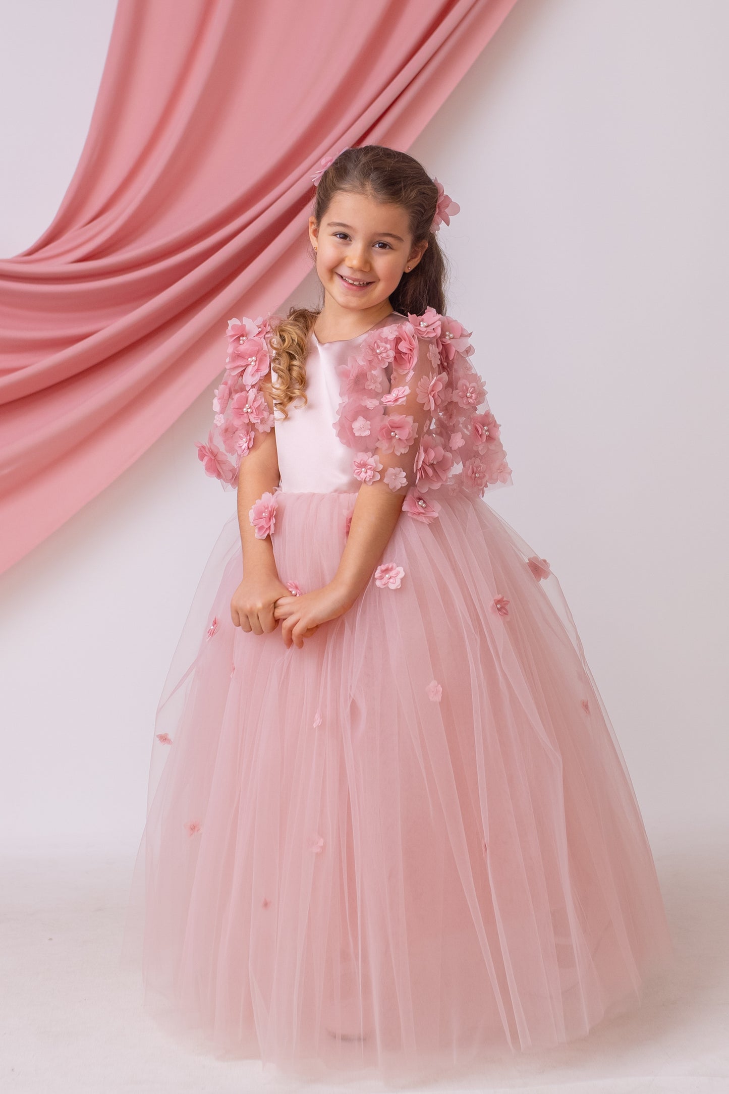 Elegant Blush Satin Flower Girl Dress with Flower Crown - Personalized Wedding Gown for Girls