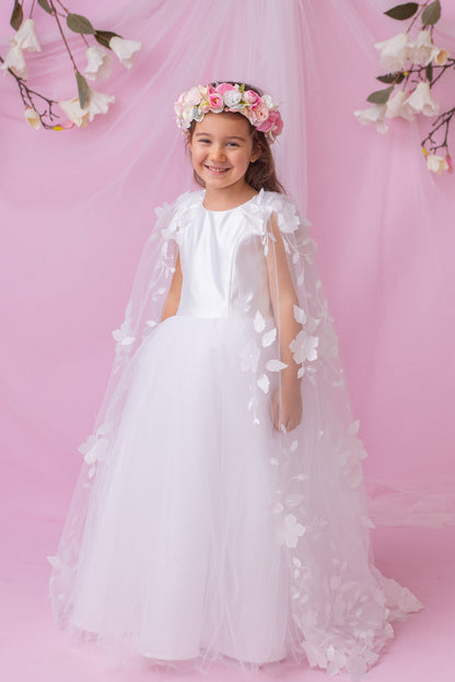 Elegant Satin Flower Girl Dress with Flower Crown - Personalized Wedding Gown for Girls