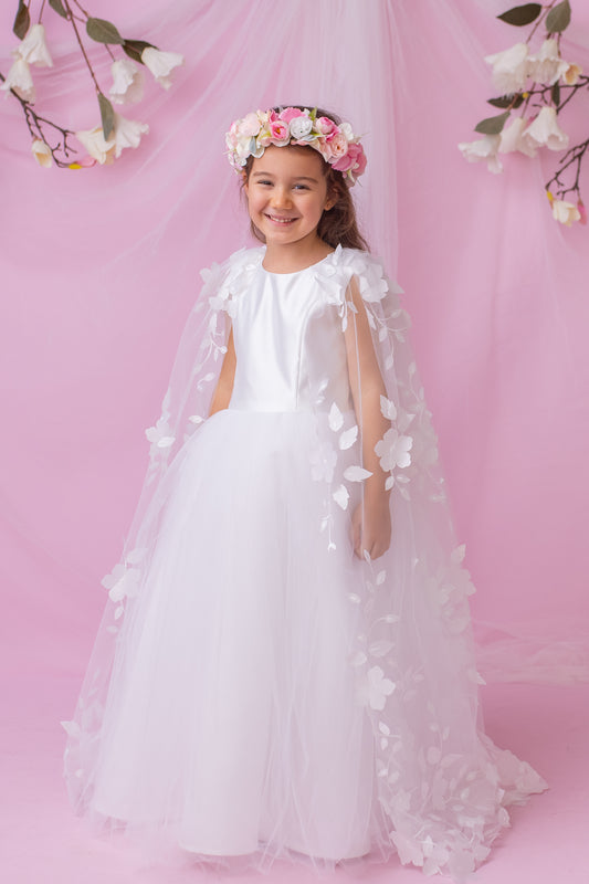 Elegant Satin Flower Girl Dress with Flower Crown - Personalized Wedding Gown for Girls