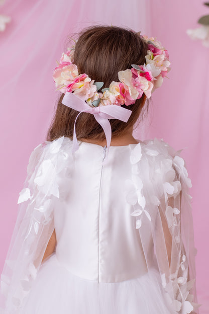 Elegant Satin Flower Girl Dress with Flower Crown - Personalized Wedding Gown for Girls