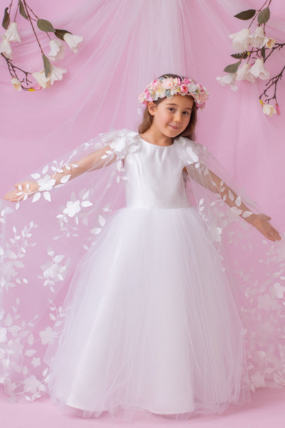 Elegant Satin Flower Girl Dress with Flower Crown - Personalized Wedding Gown for Girls