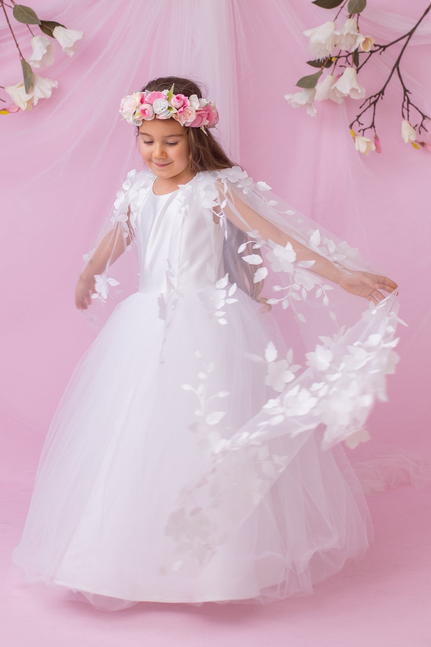 elegant flower girl dresses Tip Top 7040 Long Glitter Lace Girls Pageant Dress Formal Flower Girl Gown Detachable Cape 8 / Sky Blue