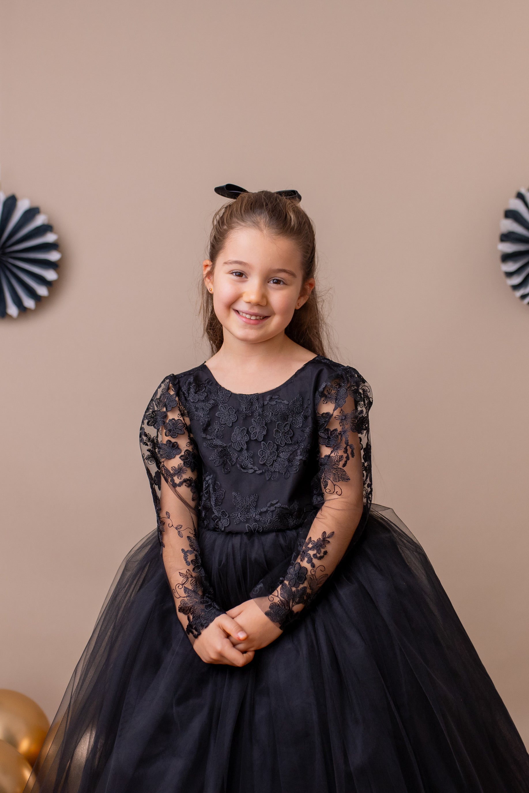 Black Lace Long Sleeve Flower Girl Dress with Satin Bow 6-9 months US kids' numeric / Dress & Hair Bow