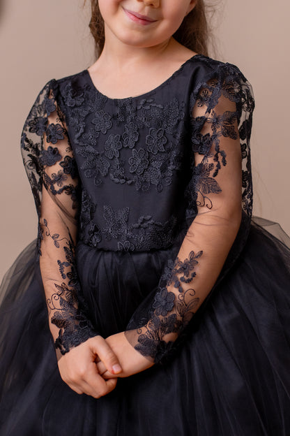 Black Lace Tulle Flower Girl Dress: V-Back Satin Bow Gown
