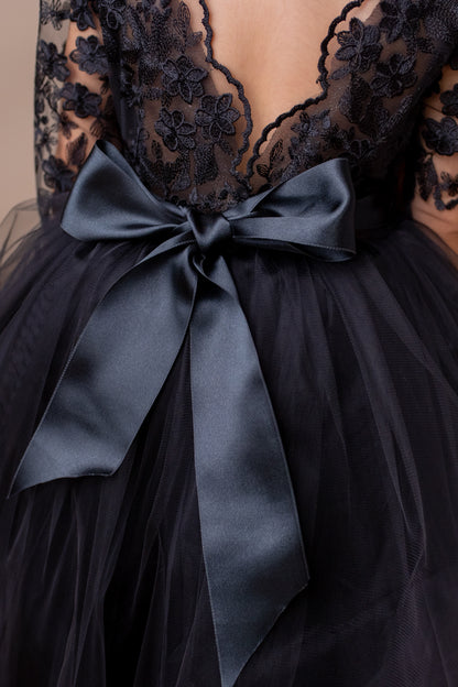 Black Lace Tulle Flower Girl Dress: V-Back Satin Bow Gown