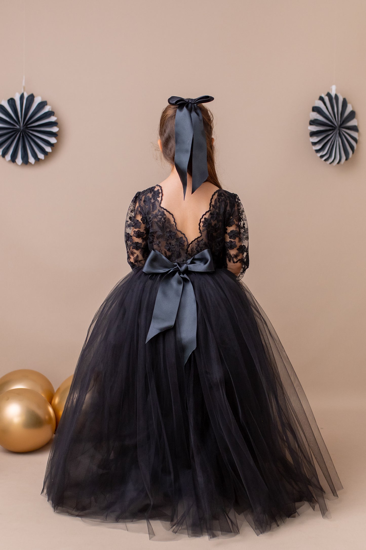 Black Lace Tulle Flower Girl Dress: V-Back Satin Bow Gown