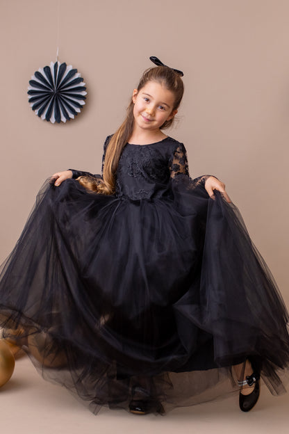 Black Lace Tulle Flower Girl Dress: V-Back Satin Bow Gown