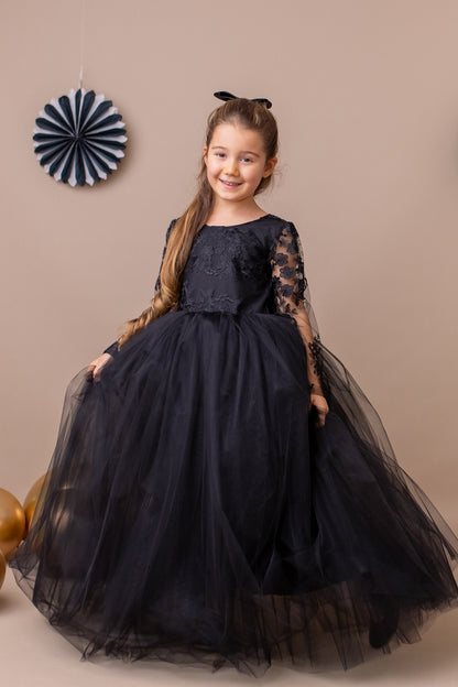 Black Lace Tulle Flower Girl Dress: V-Back Satin Bow Gown