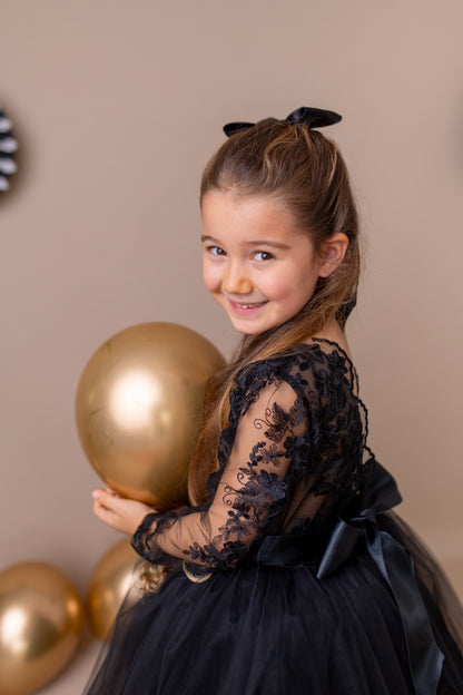 Black Lace Tulle Flower Girl Dress: V-Back Satin Bow Gown