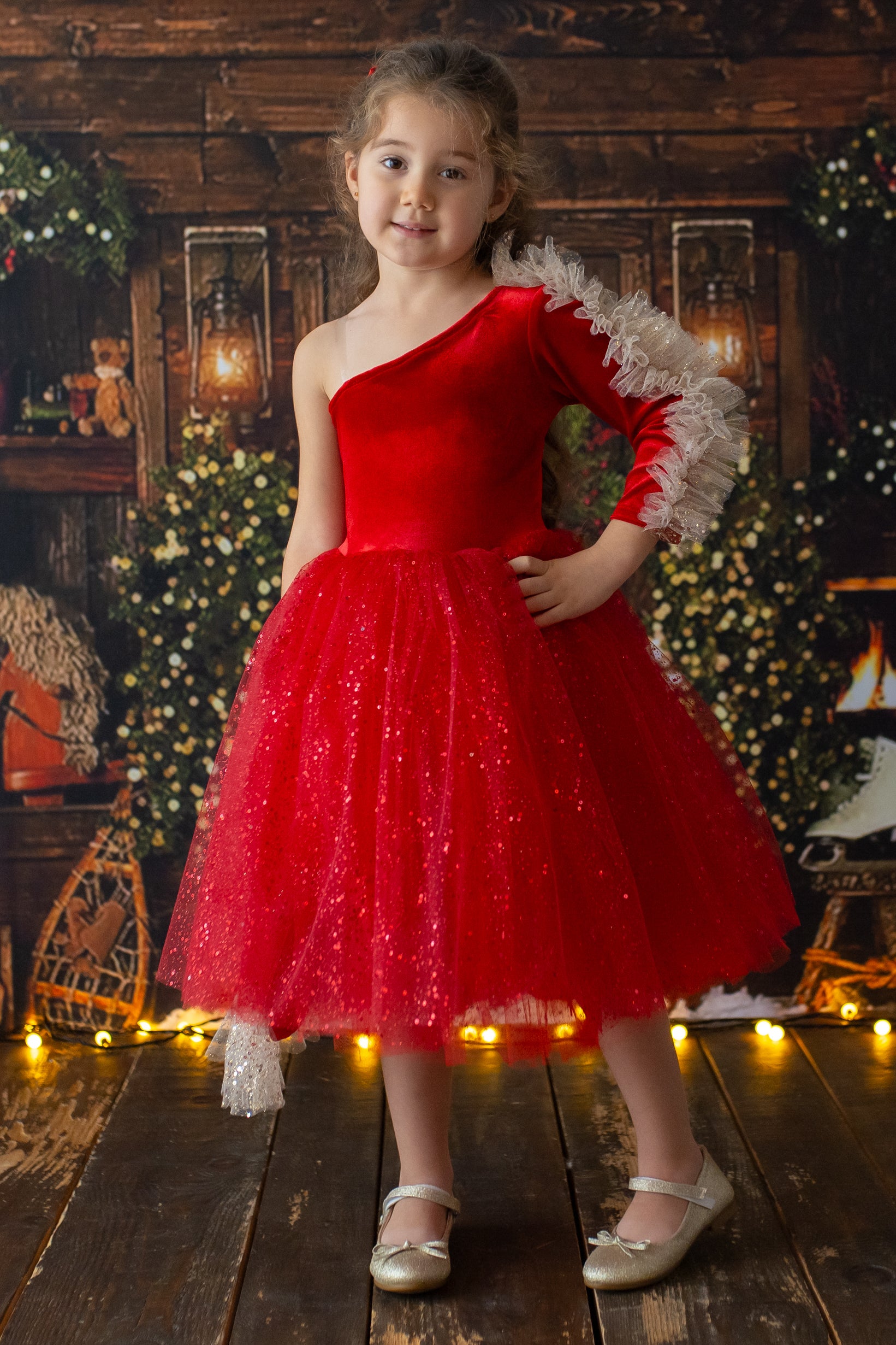 Red Velvet Tulle Christmas Dress for Girls with Personalized Bag 3T