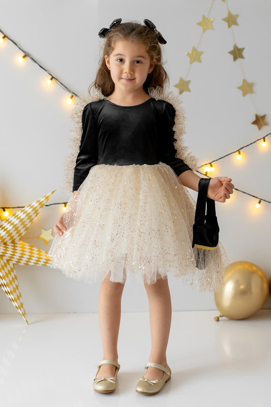 Black Velvet Baby Christmas Dress: Gold Tulle with Personalized Bag