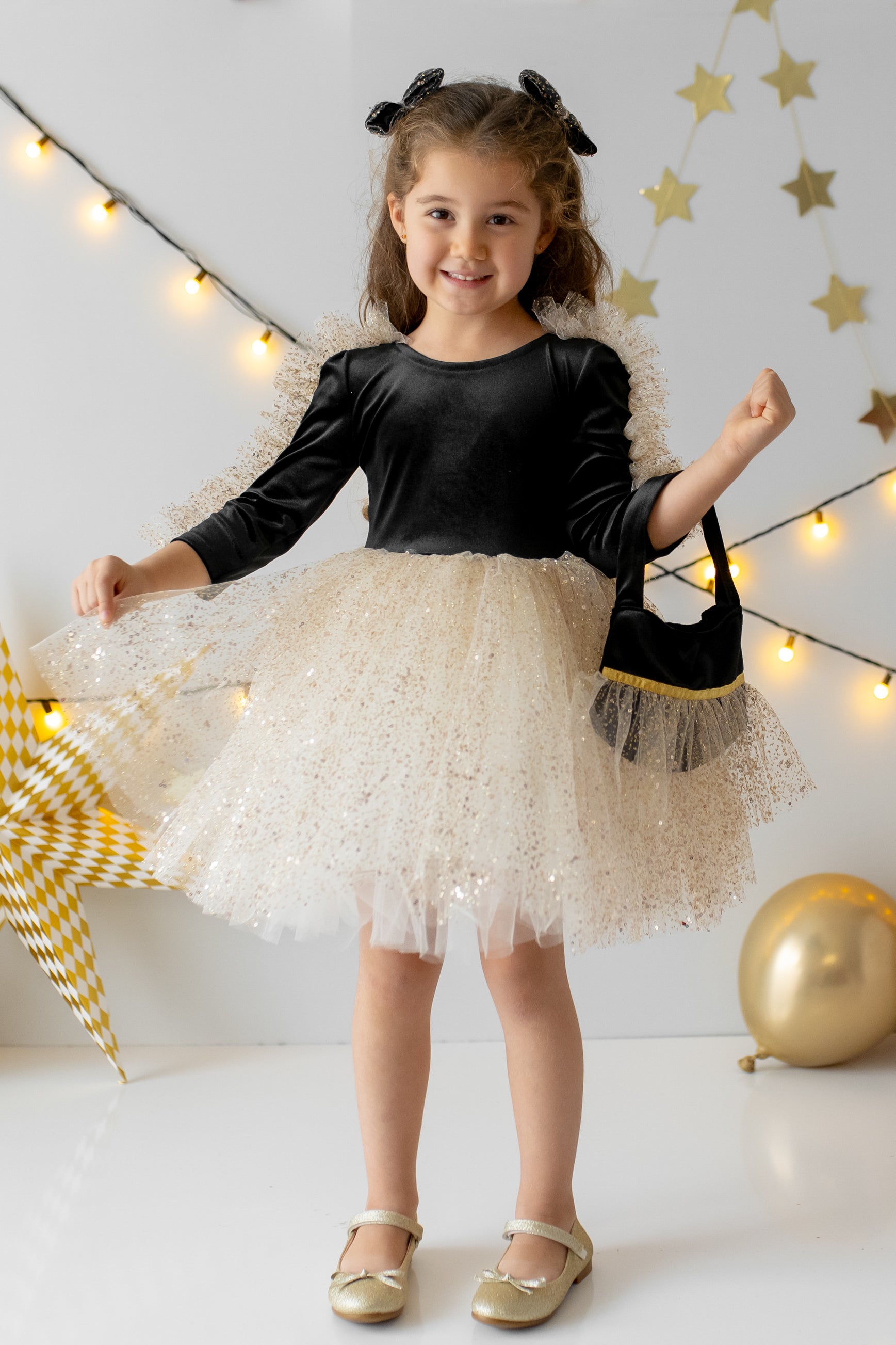 Black Velvet Christmas Dress with Gold Tulle for Girls 5T